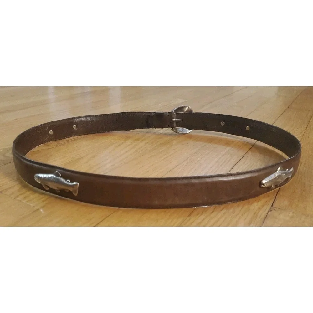 Italian Full Grain Leather Belt Trout Fish Metal Western Detailed Buckle Size 36